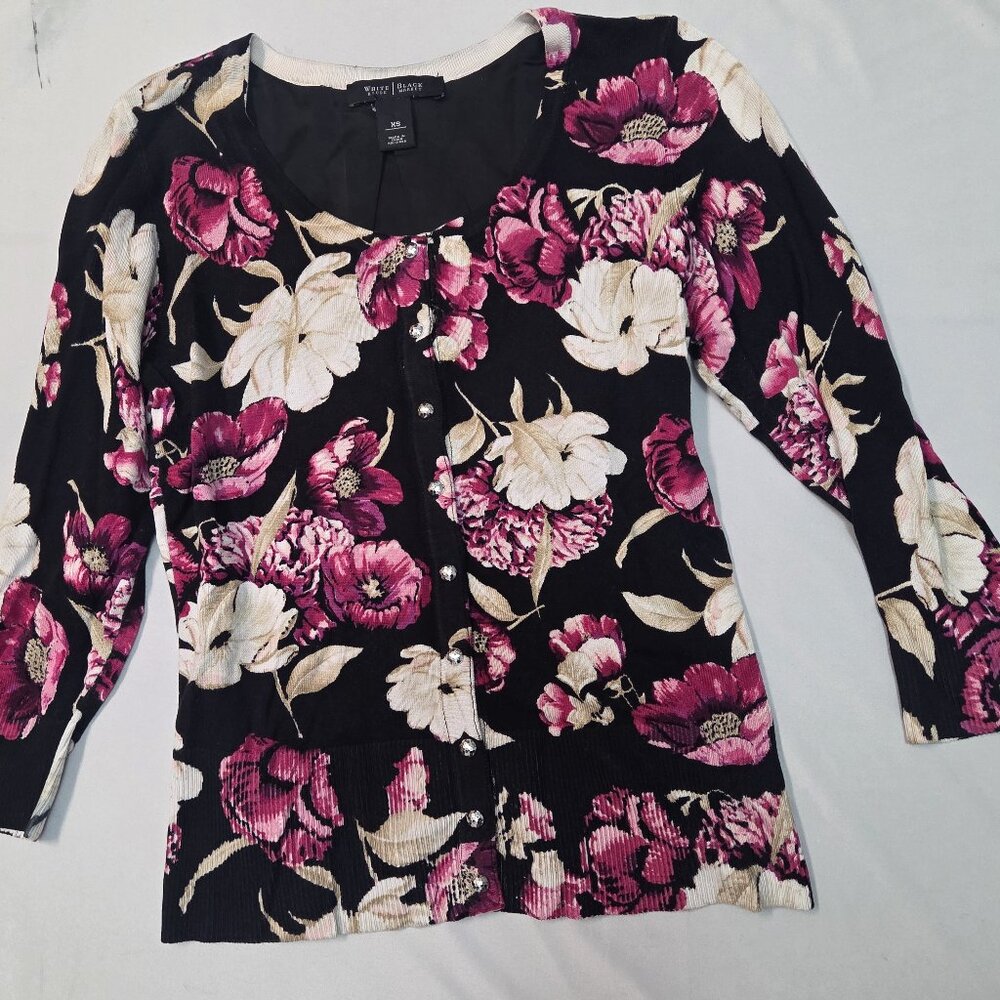 White House Black Market Black Floral Cardigan with Pink and Cream Flowers